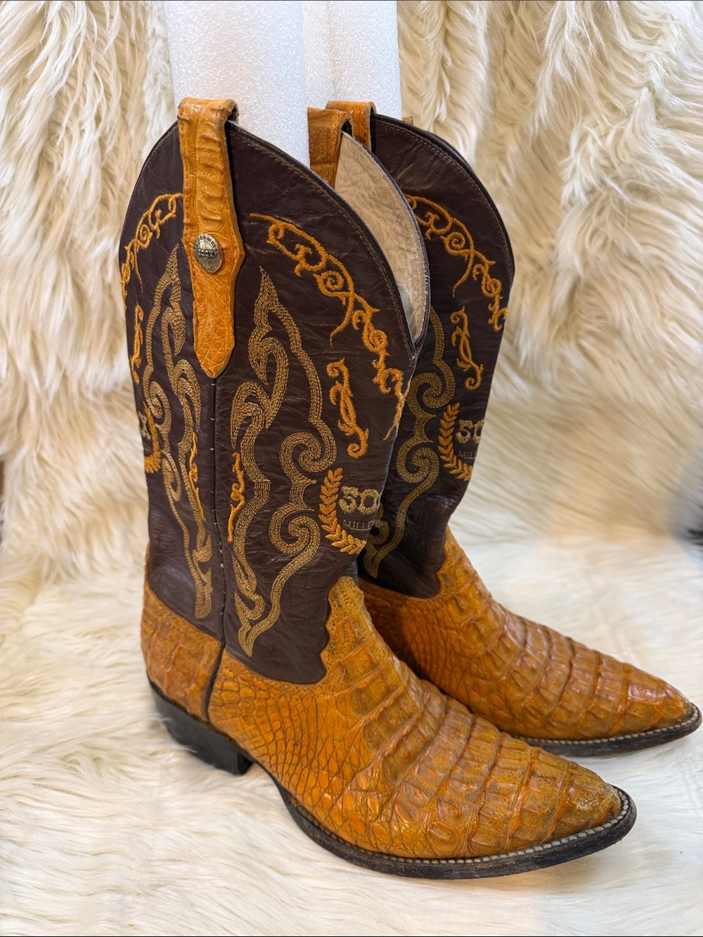 Tarahumara Men's Brown & Tan Western Embroidered Exotic Leather Cowboy Boots 9.5